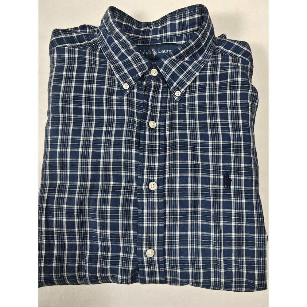 VTG Ralph Lauren Linen Blend Shirt Mens Large Classic Fit Button Down Blue Plaid